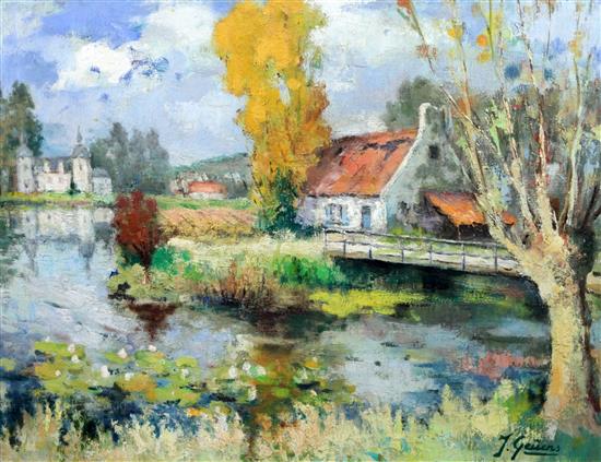 Jacques Geuens (1910-1991) French river landscape with a chateau 50 x 65cm